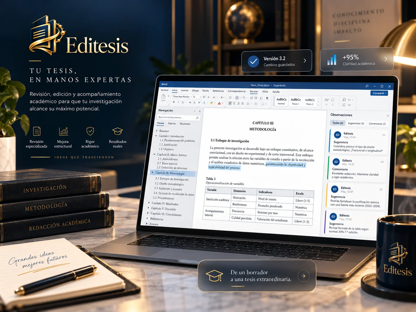 Documento de tesis en Word con observaciones editoriales y tabla metodológica